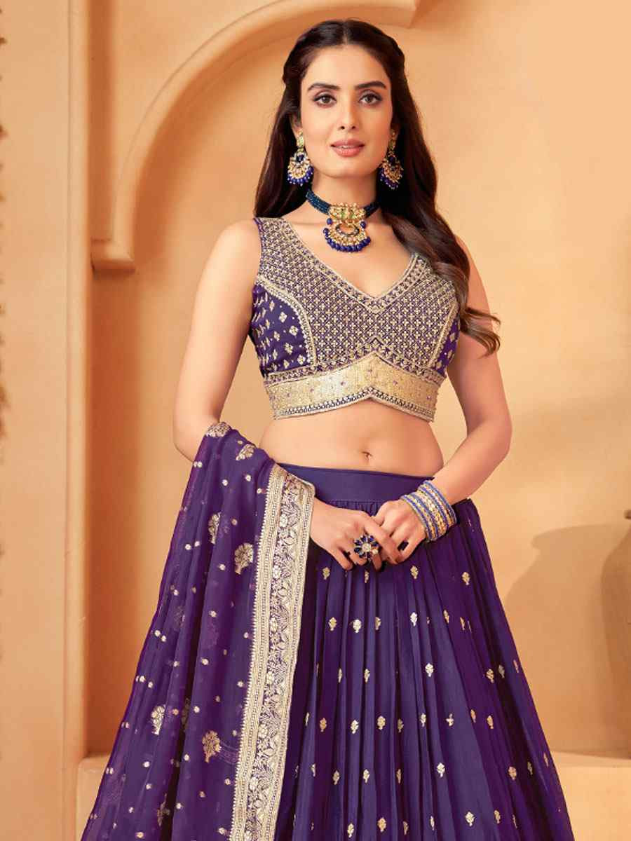 Purple Georgette Embroidered Wedding Reception Festival Ready Heavy Border Lehenga Choli