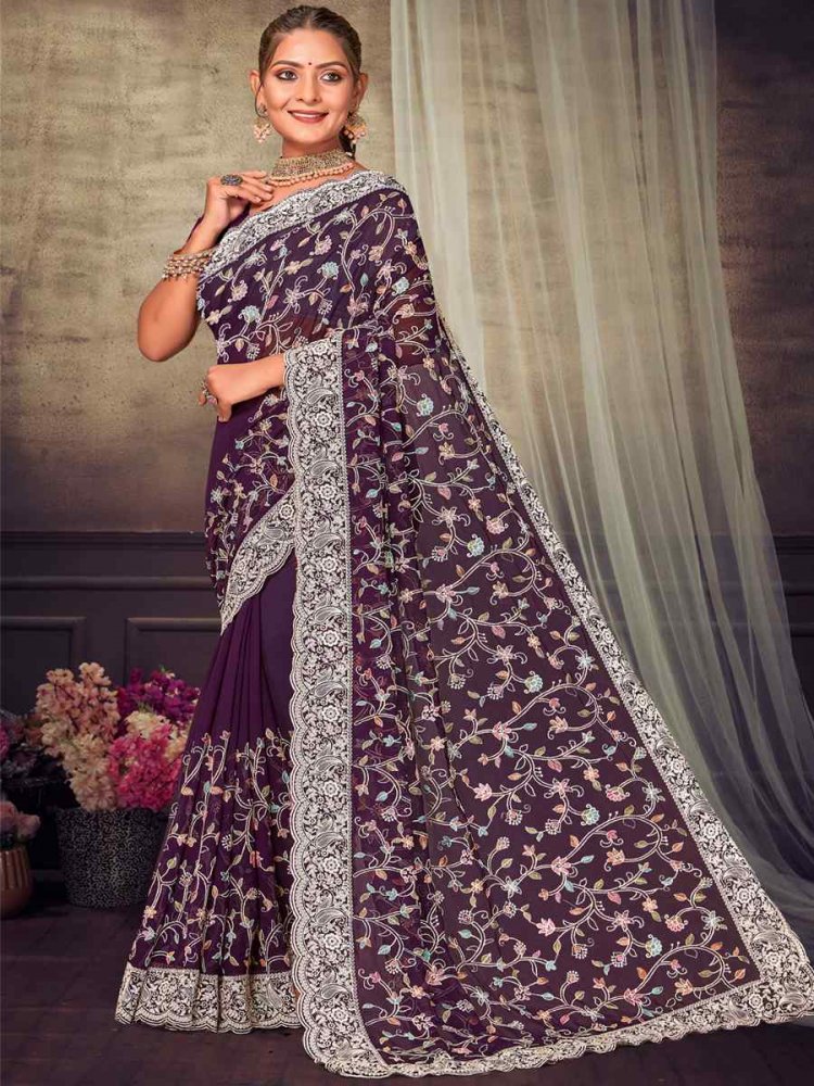 Purple Georgette Embroidered Wedding Reception Heavy Border Saree