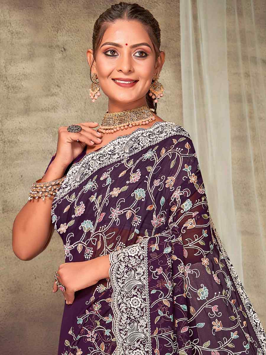 Purple Georgette Embroidered Wedding Reception Heavy Border Saree