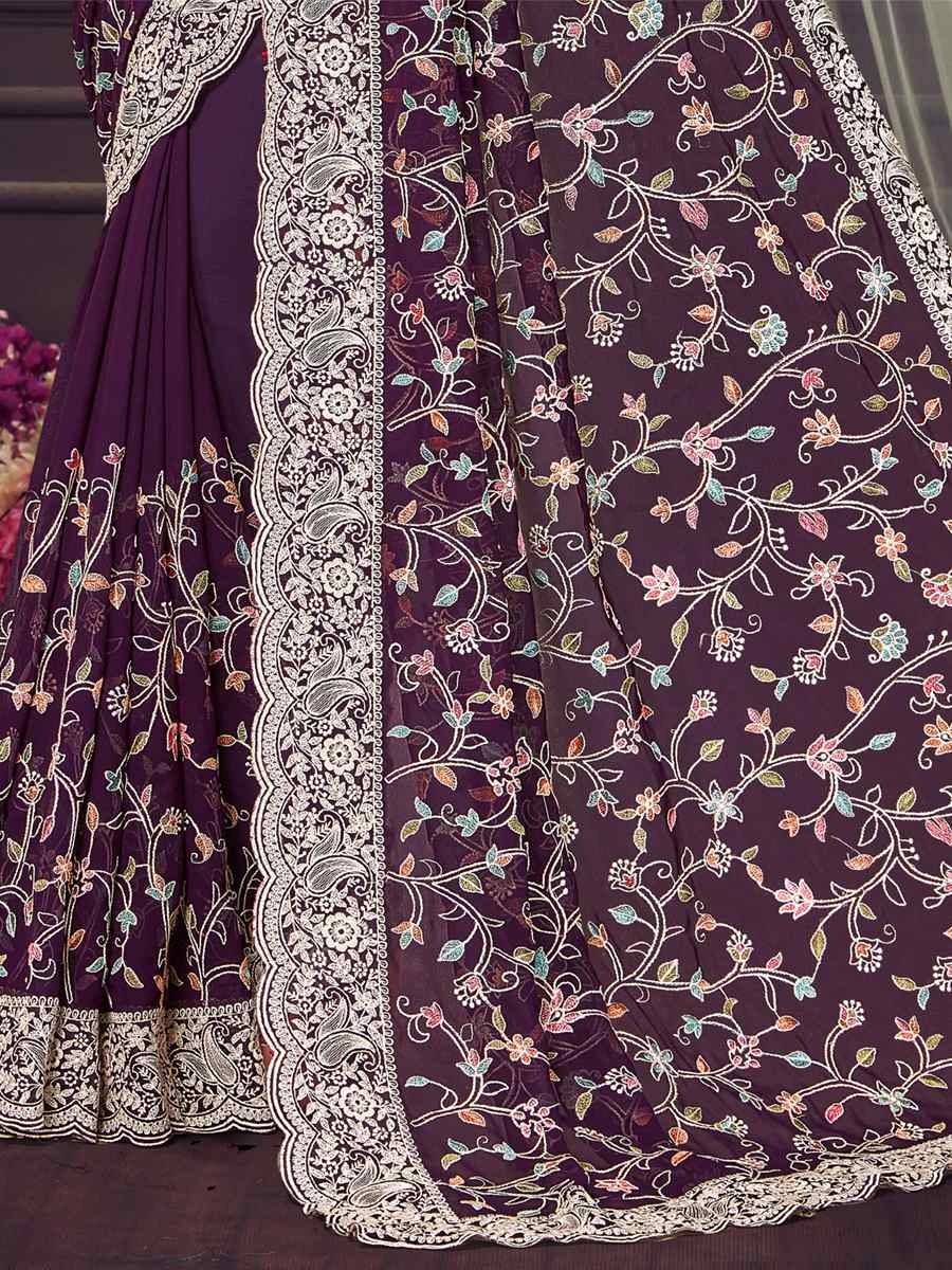 Purple Georgette Embroidered Wedding Reception Heavy Border Saree