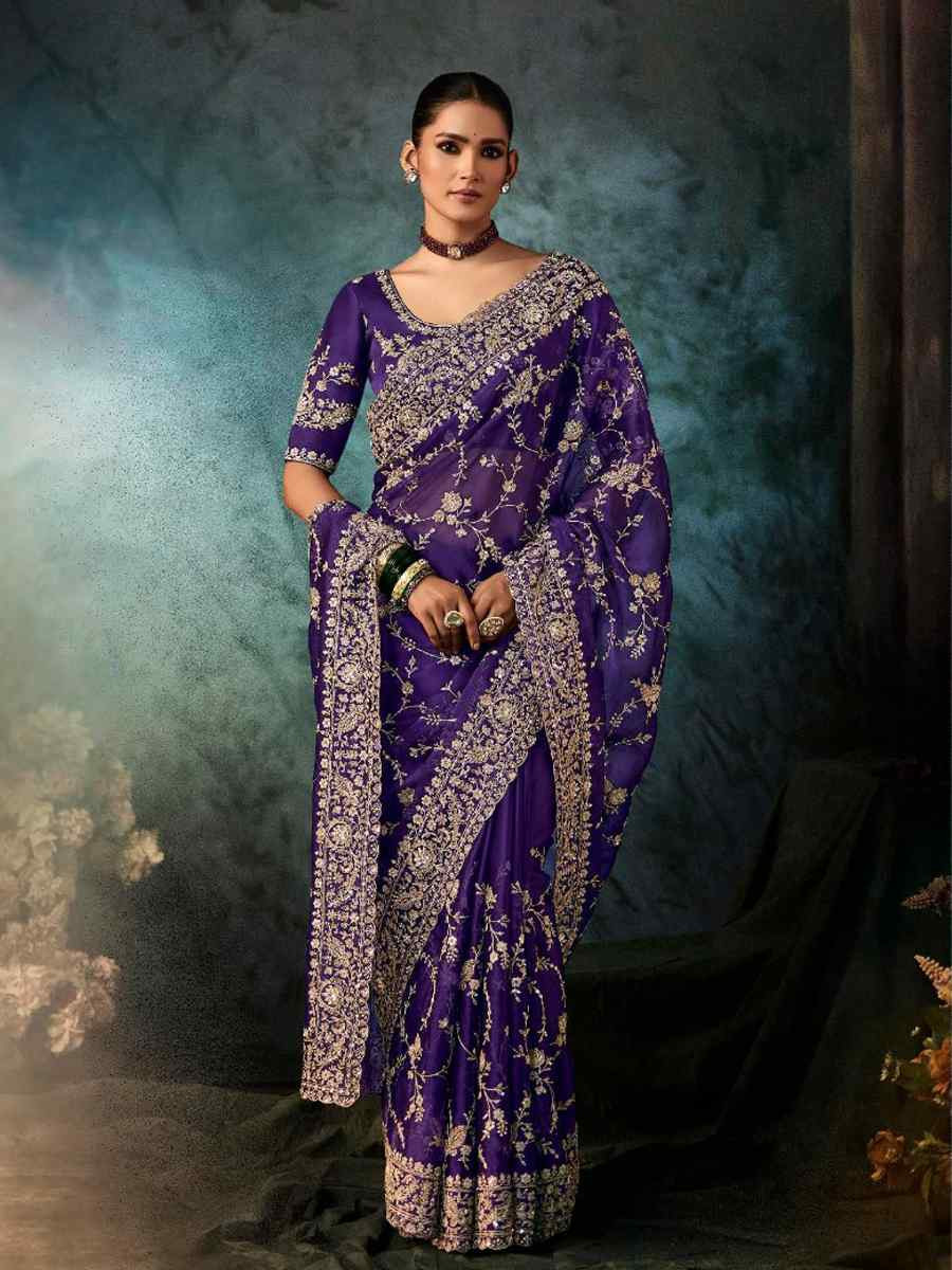 Purple Georgette Embroidery Bridal Reception Festival Wedding Fancy Heavy Border Saree