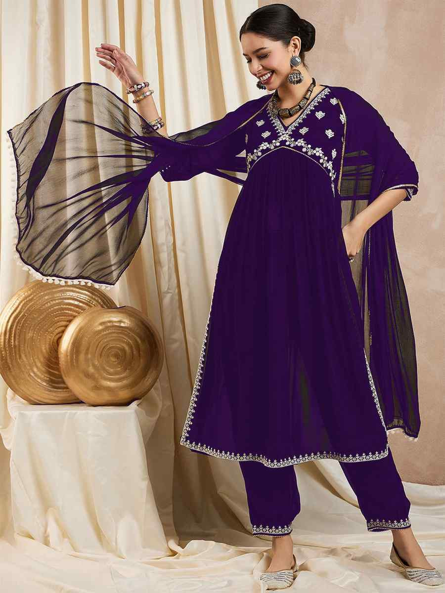 Purple Georgette Embroidery Party Wedding Festival Casual Ready Anarkali Salwar Kameez