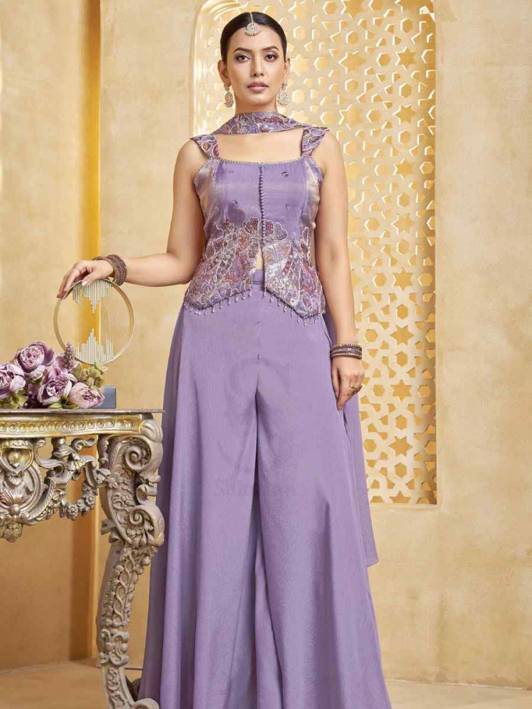 Image of Purple Georgette Embroidery Party Wedding Festival Casual Ready Palazzo Pant Salwar Kameez