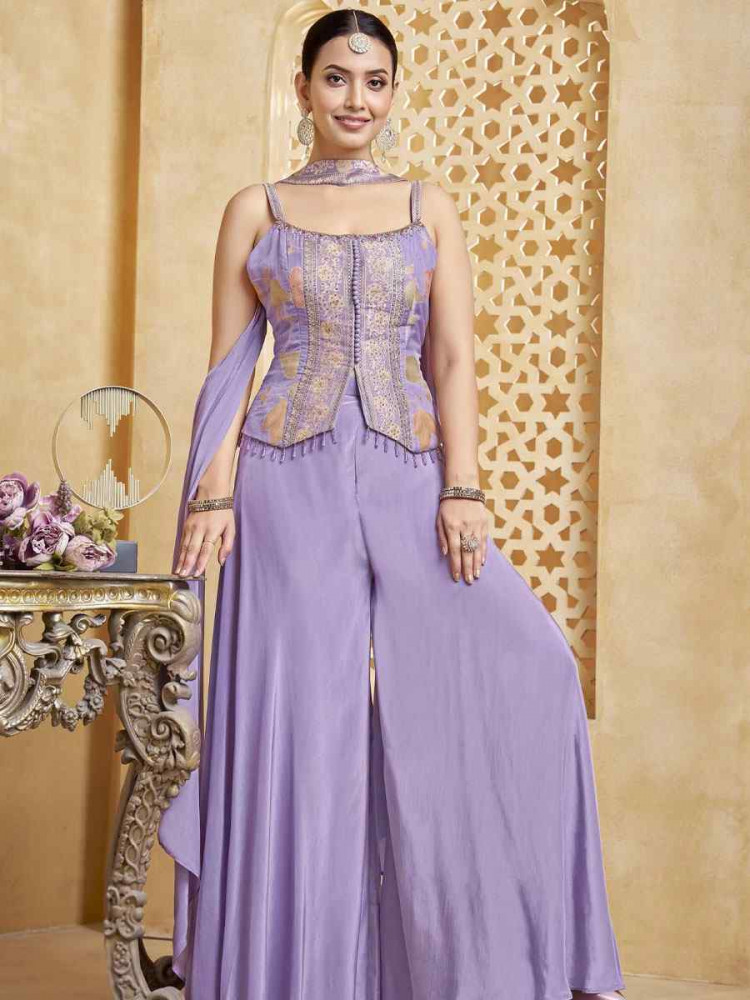 Image of Purple Georgette Embroidery Party Wedding Festival Casual Ready Palazzo Pant Salwar Kameez