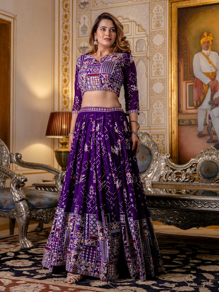 Purple Georgette Embroidery Sequins Wedding Reception Party Festival Heavy Border Lehenga Choli