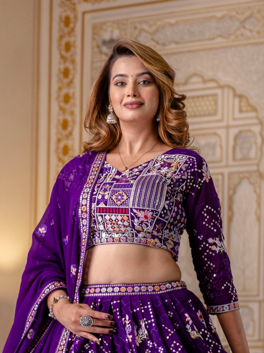 Purple Georgette Embroidery Sequins Wedding Reception Party Festival Heavy Border Lehenga Choli