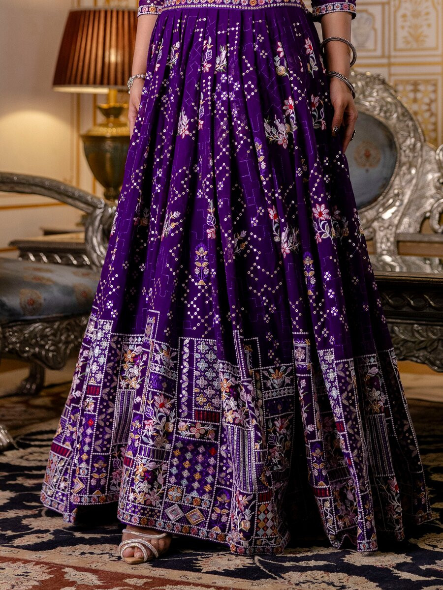 Purple Georgette Embroidery Sequins Wedding Reception Party Festival Heavy Border Lehenga Choli