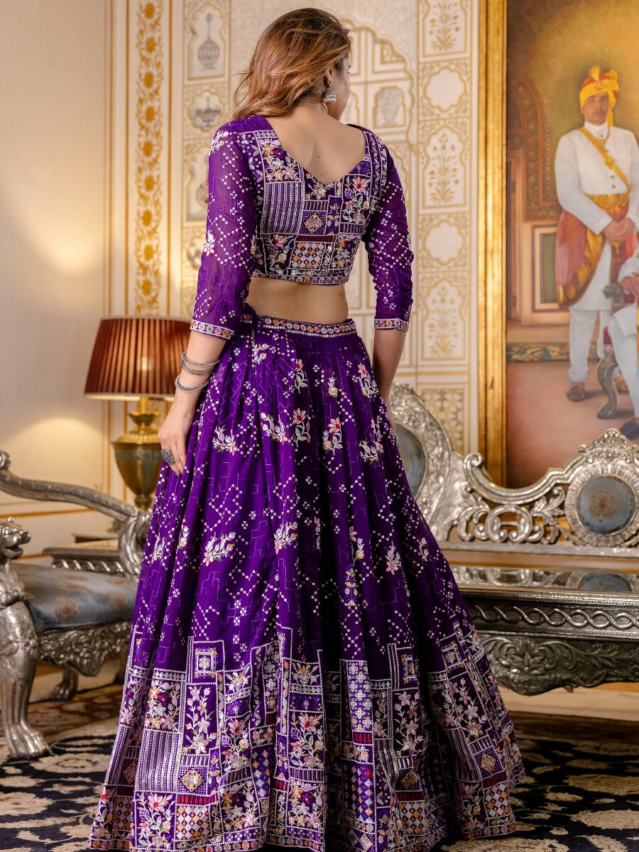 Purple Georgette Embroidery Sequins Wedding Reception Party Festival Heavy Border Lehenga Choli