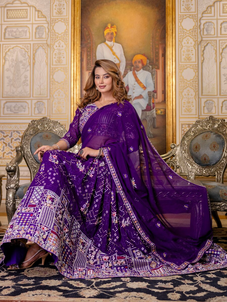 Purple Georgette Embroidery Sequins Wedding Reception Party Festival Heavy Border Lehenga Choli