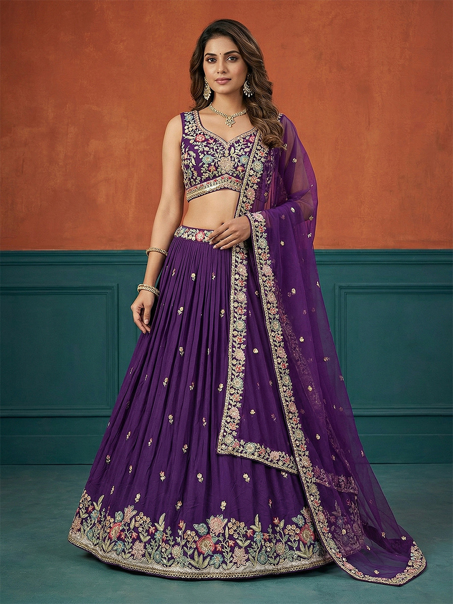 Purple Georgette Embroidery Wedding Reception Party Festival Heavy Border Lehenga Choli