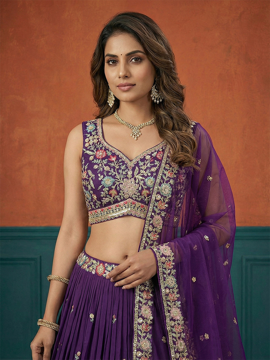 Purple Georgette Embroidery Wedding Reception Party Festival Heavy Border Lehenga Choli