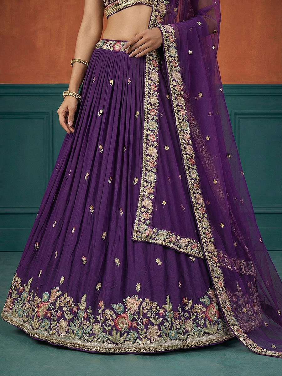 Purple Georgette Embroidery Wedding Reception Party Festival Heavy Border Lehenga Choli