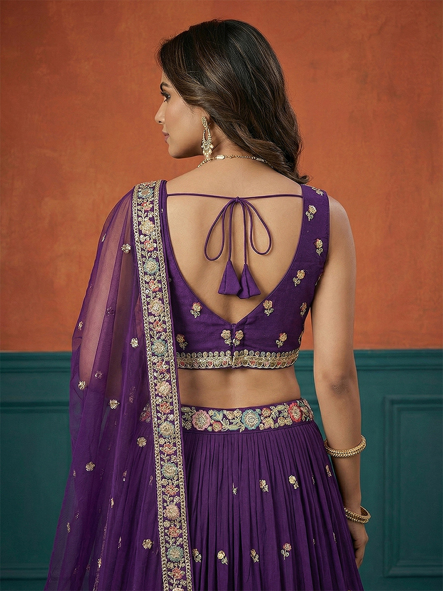 Purple Georgette Embroidery Wedding Reception Party Festival Heavy Border Lehenga Choli
