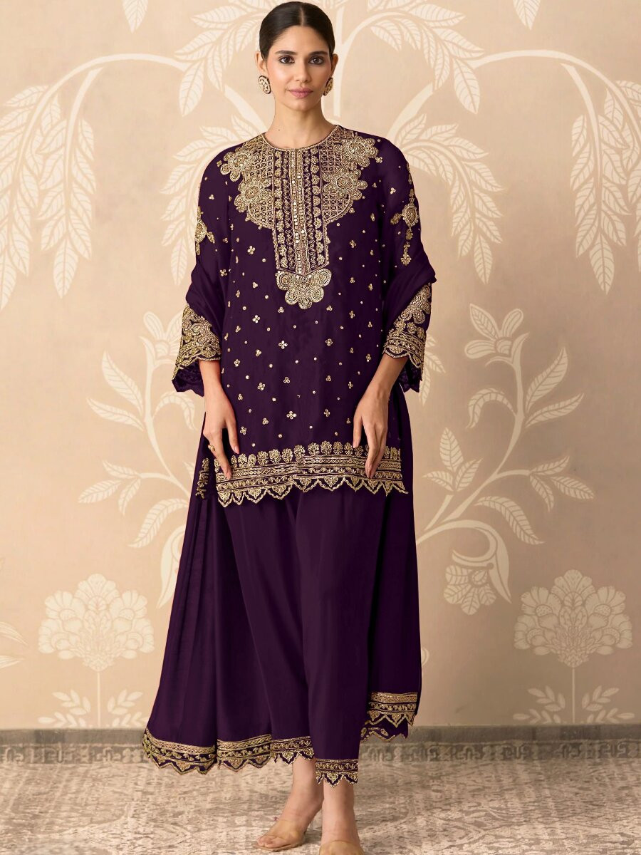 Purple Georgette Embroidery Zari Sequins Wedding Party Festival Casual Palazzo Pant Salwar Kameez