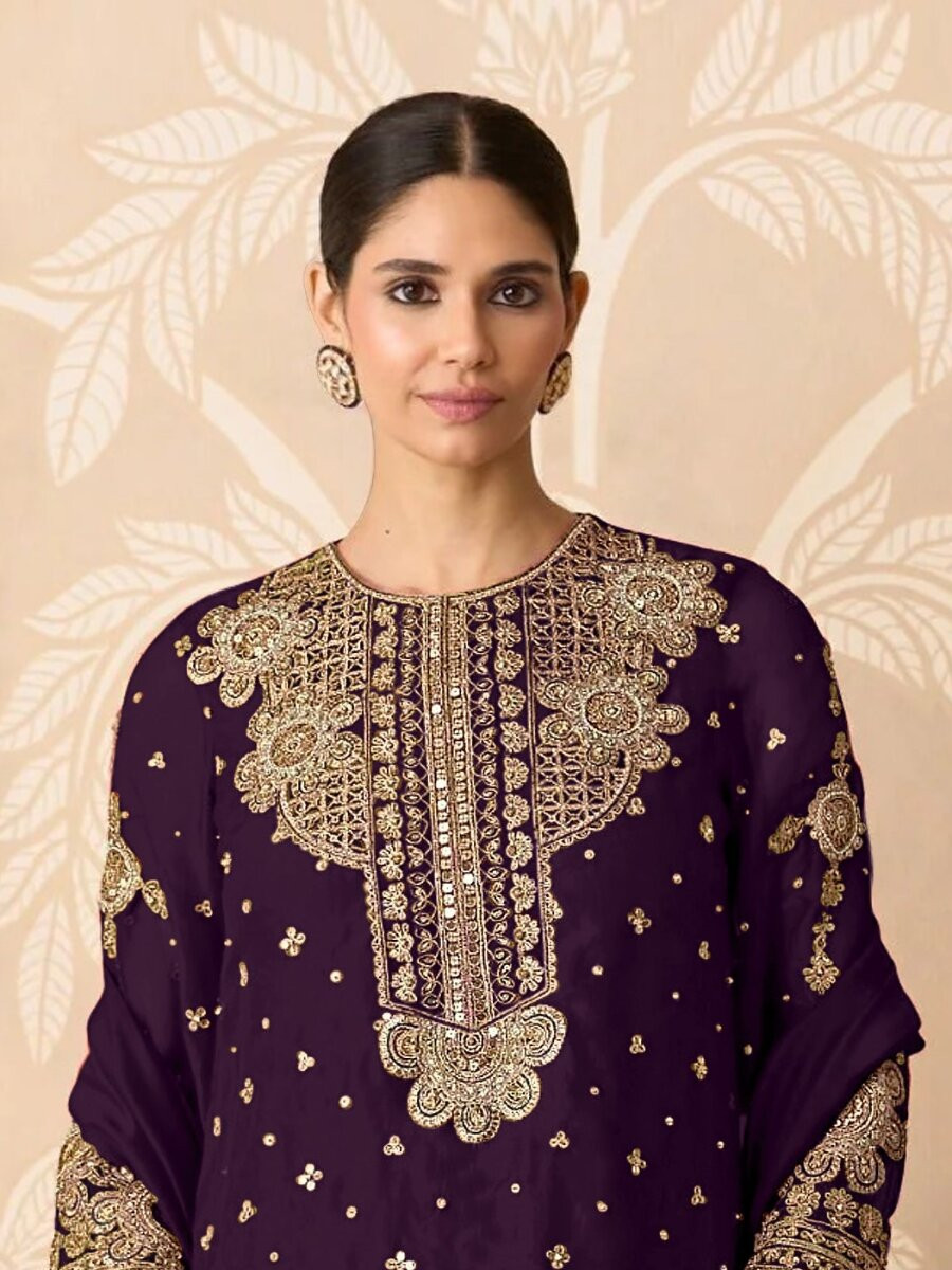 Purple Georgette Embroidery Zari Sequins Wedding Party Festival Casual Palazzo Pant Salwar Kameez