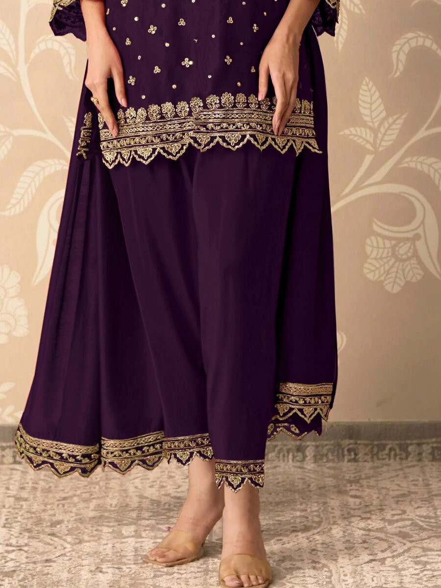 Purple Georgette Embroidery Zari Sequins Wedding Party Festival Casual Palazzo Pant Salwar Kameez