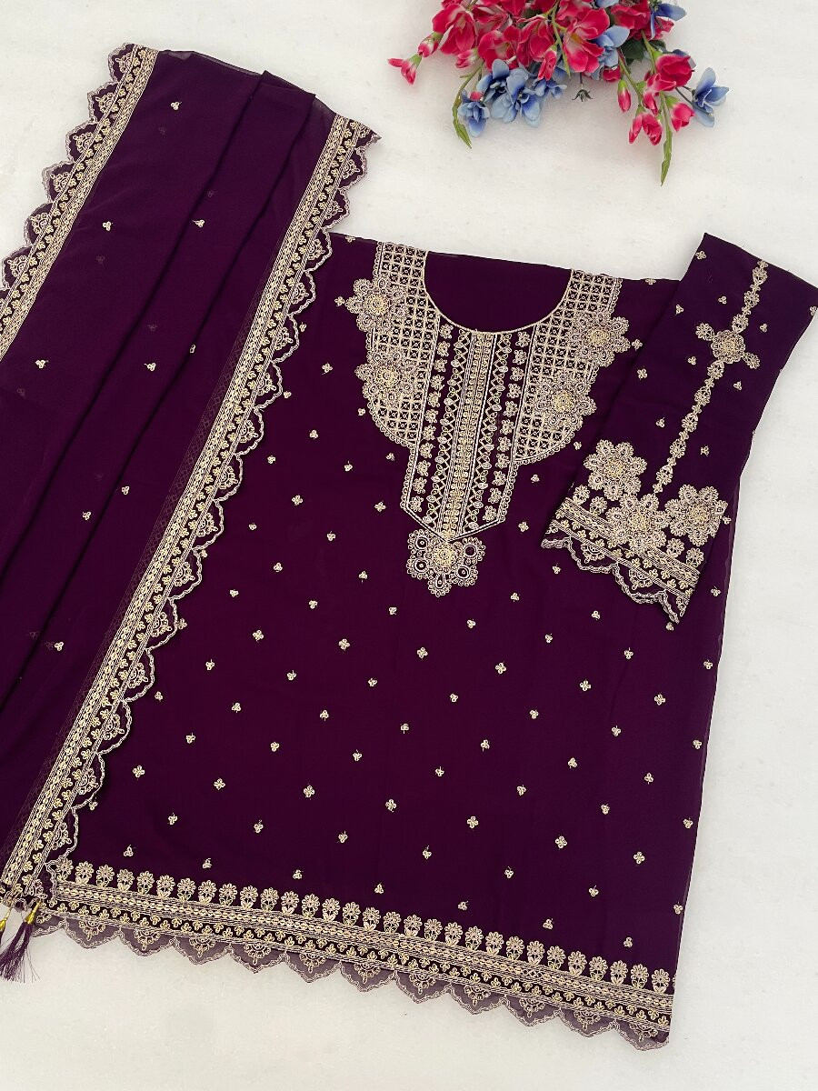 Purple Georgette Embroidery Zari Sequins Wedding Party Festival Casual Palazzo Pant Salwar Kameez