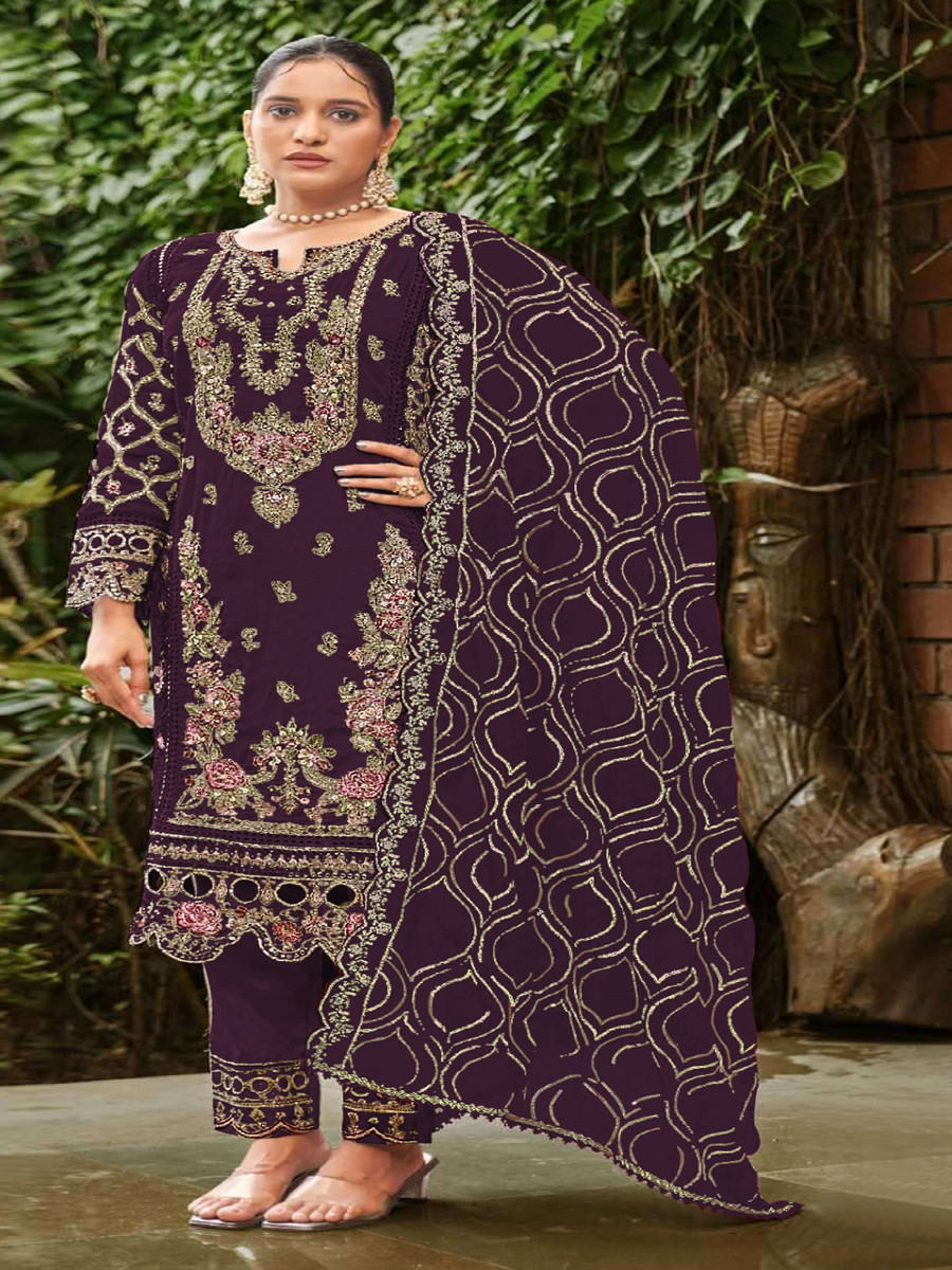 Purple Georgette Embroidery Zari Sequins Wedding Party Festival Casual Pant Salwar Kameez