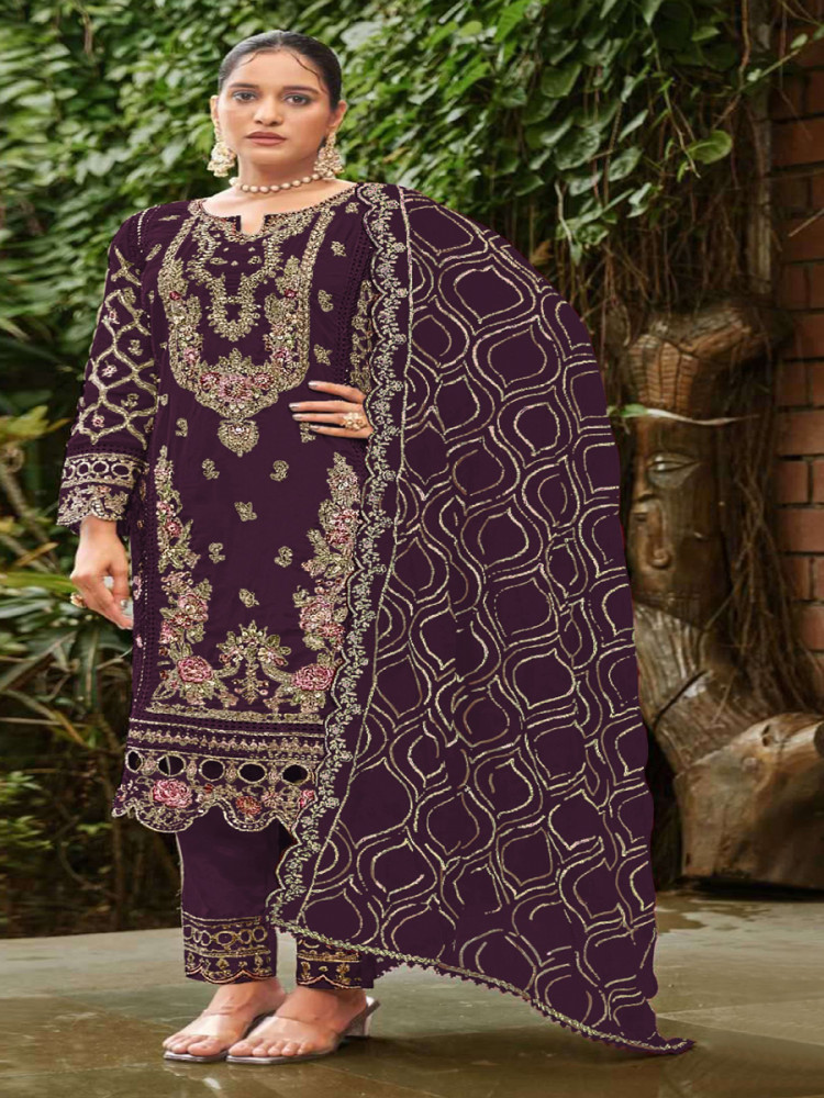 Image of Purple Georgette Embroidery Zari Sequins Wedding Party Festival Casual Pant Salwar Kameez