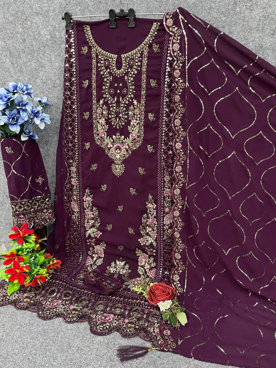 Purple Georgette Embroidery Zari Sequins Wedding Party Festival Casual Pant Salwar Kameez