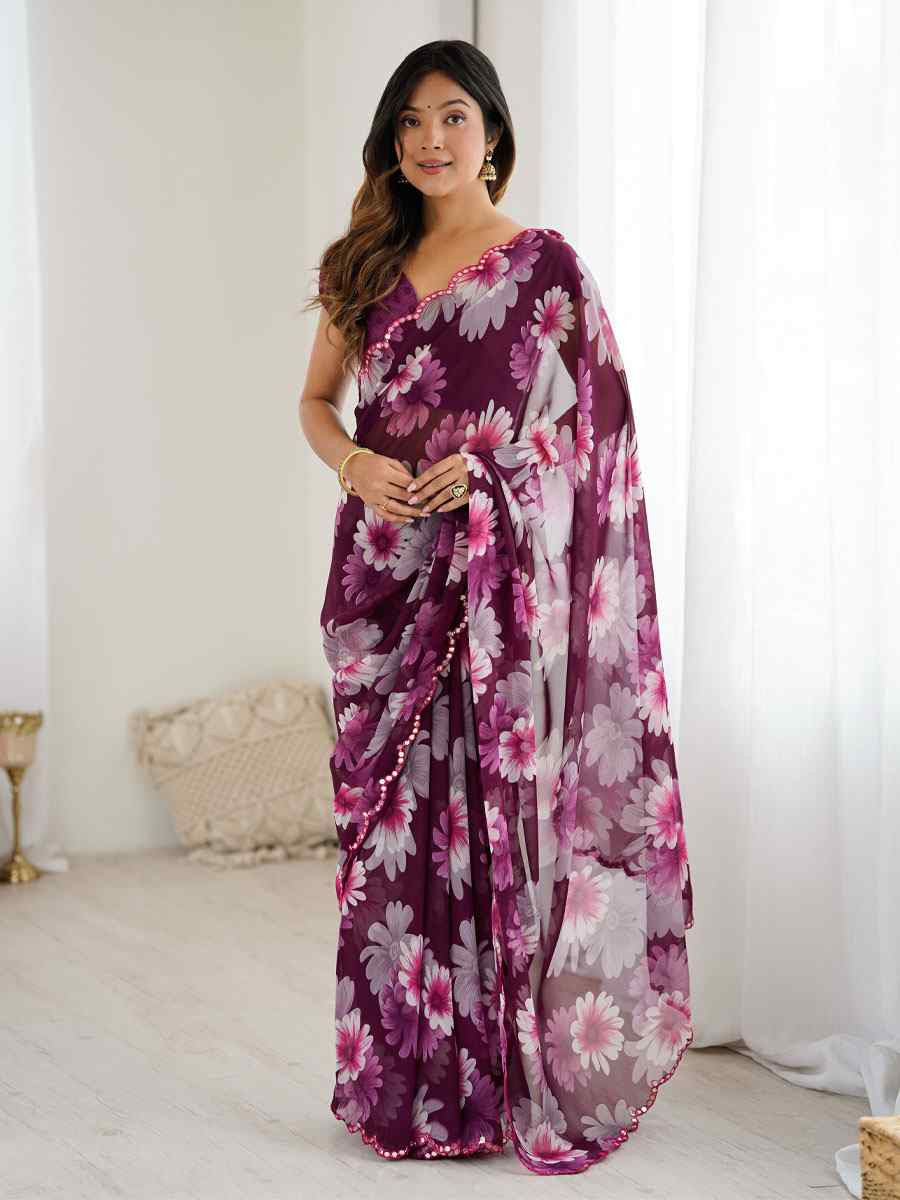 Purple Georgette Floral Print with Border Embroidery Party Bridal Reception Festival Wedding Fancy Classic Style Sarees
