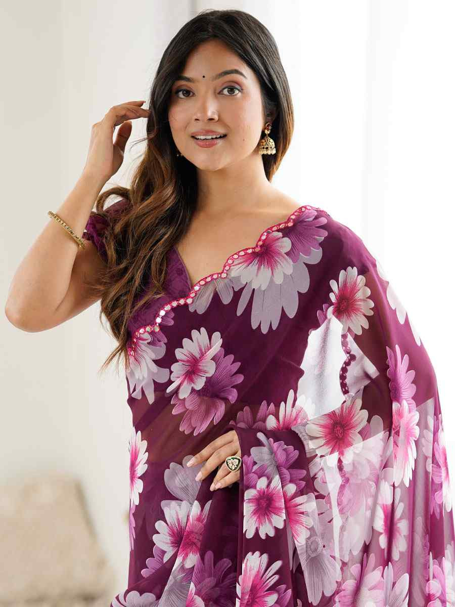 Purple Georgette Floral Print with Border Embroidery Party Bridal Reception Festival Wedding Fancy Classic Style Sarees