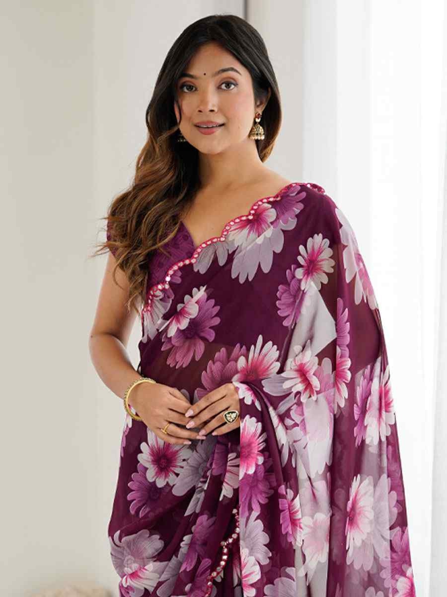 Purple Georgette Floral Print with Border Embroidery Party Bridal Reception Festival Wedding Fancy Classic Style Sarees