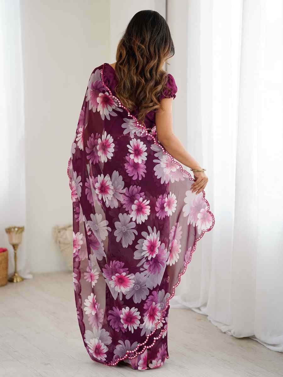 Purple Georgette Floral Print with Border Embroidery Party Bridal Reception Festival Wedding Fancy Classic Style Sarees