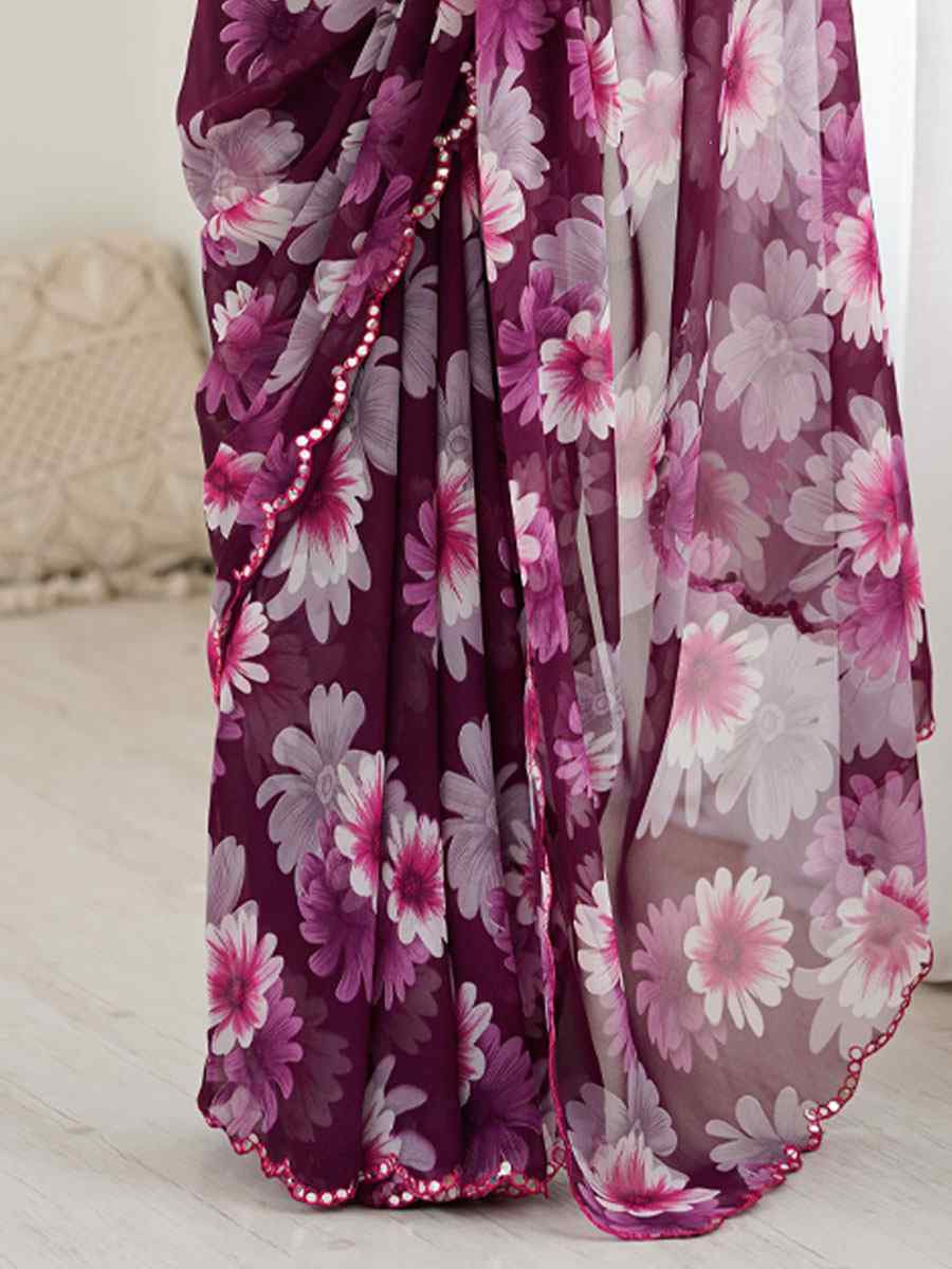 Purple Georgette Floral Print with Border Embroidery Party Bridal Reception Festival Wedding Fancy Classic Style Sarees