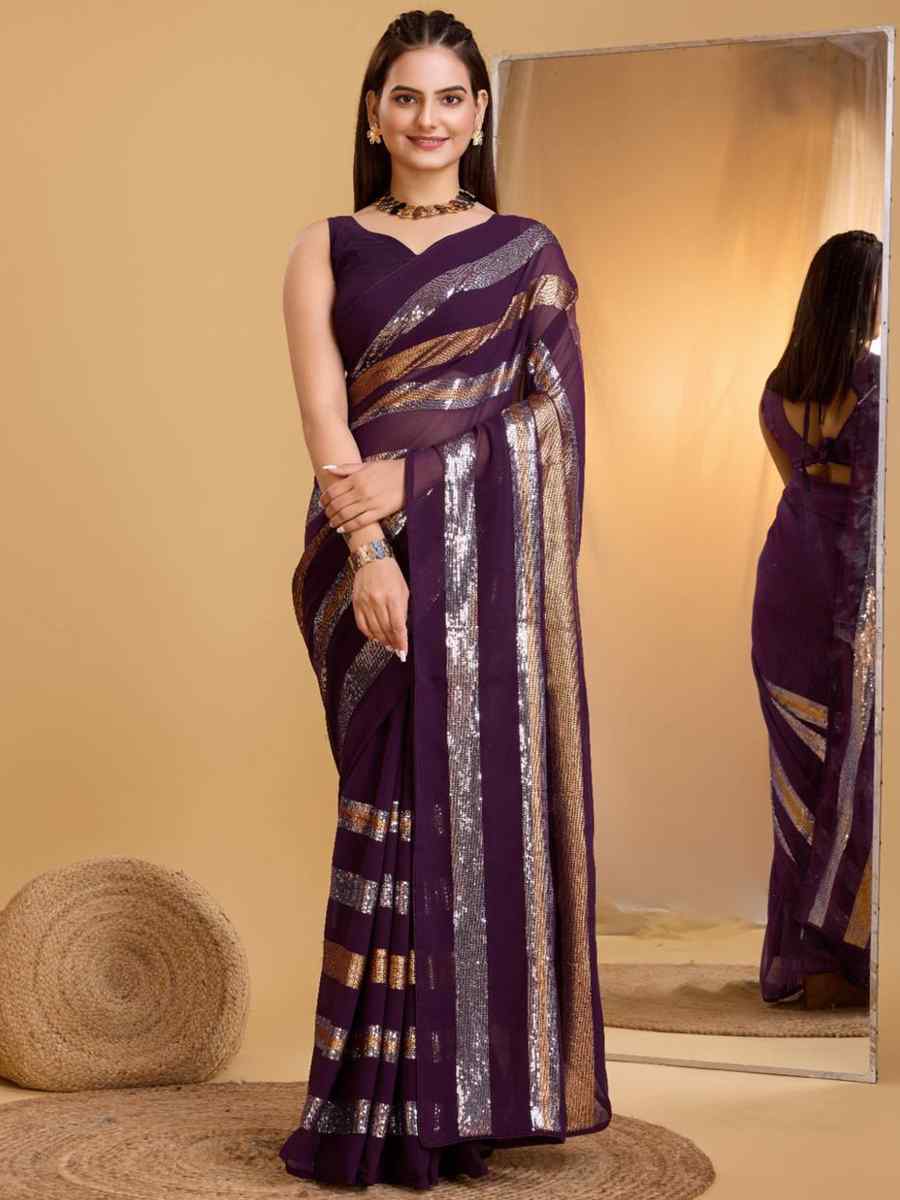 Purple Georgette Handwoven Casual Festival Classic Style Saree