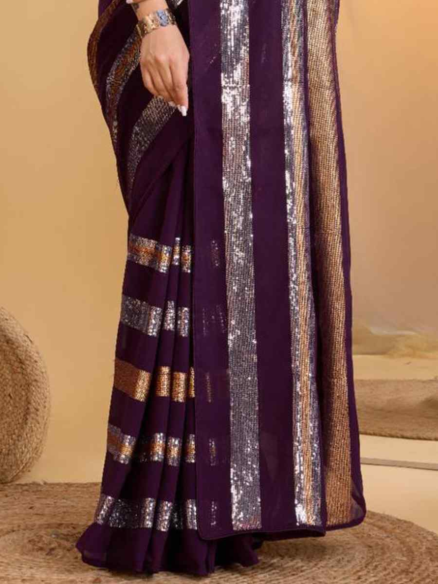 Purple Georgette Handwoven Casual Festival Classic Style Saree