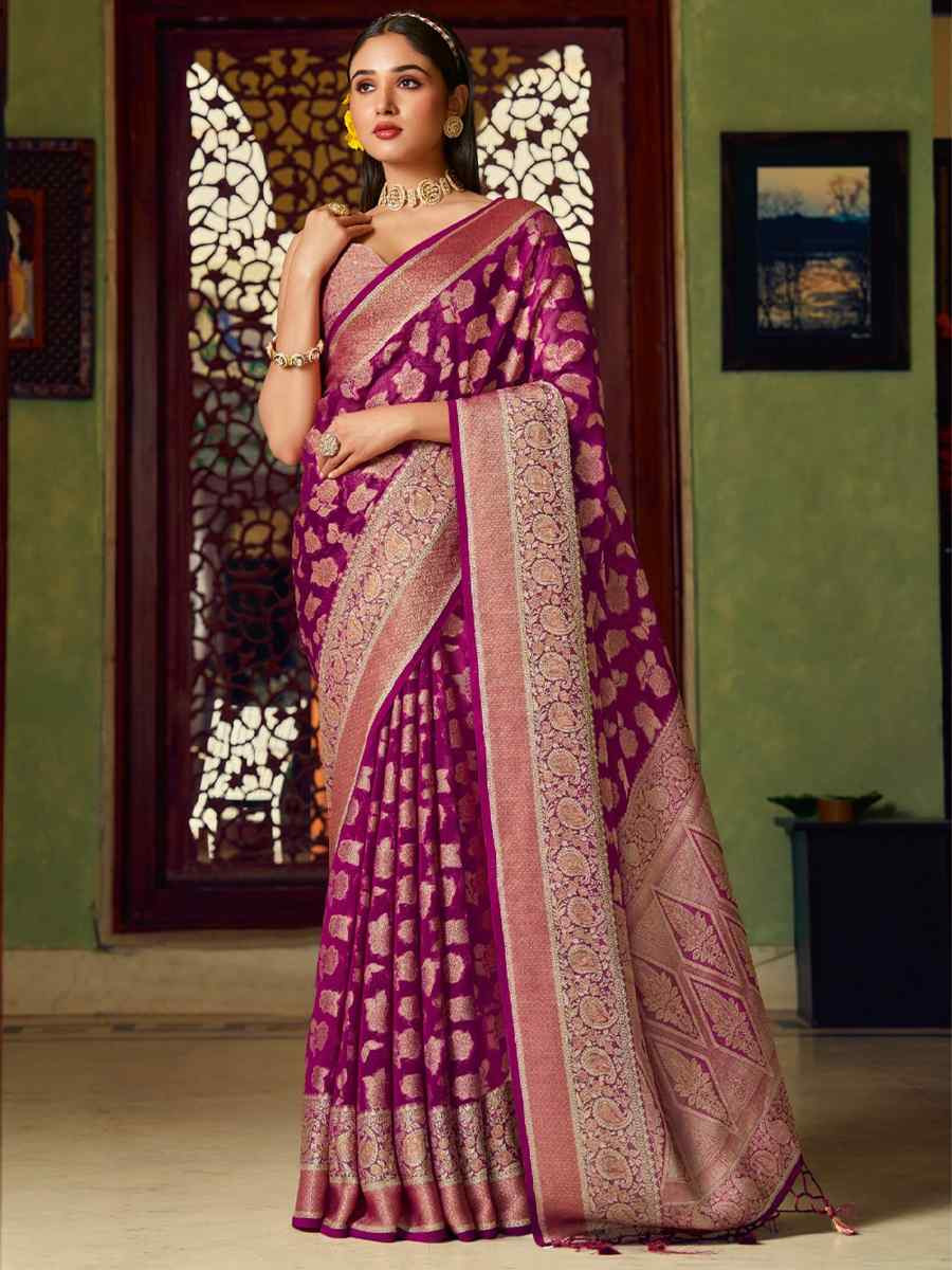 Purple Georgette Handwoven Festival Wedding Fancy Heavy Border Saree