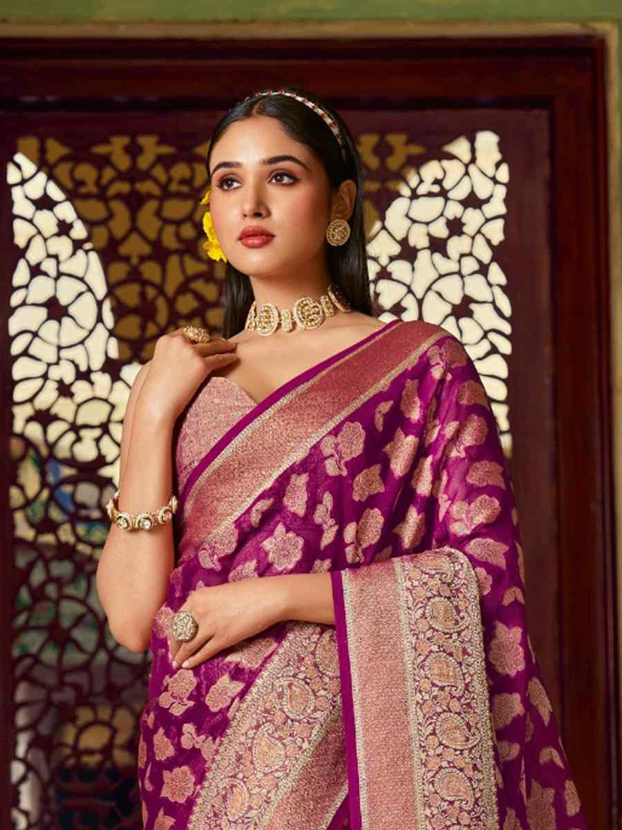 Purple Georgette Handwoven Festival Wedding Fancy Heavy Border Saree