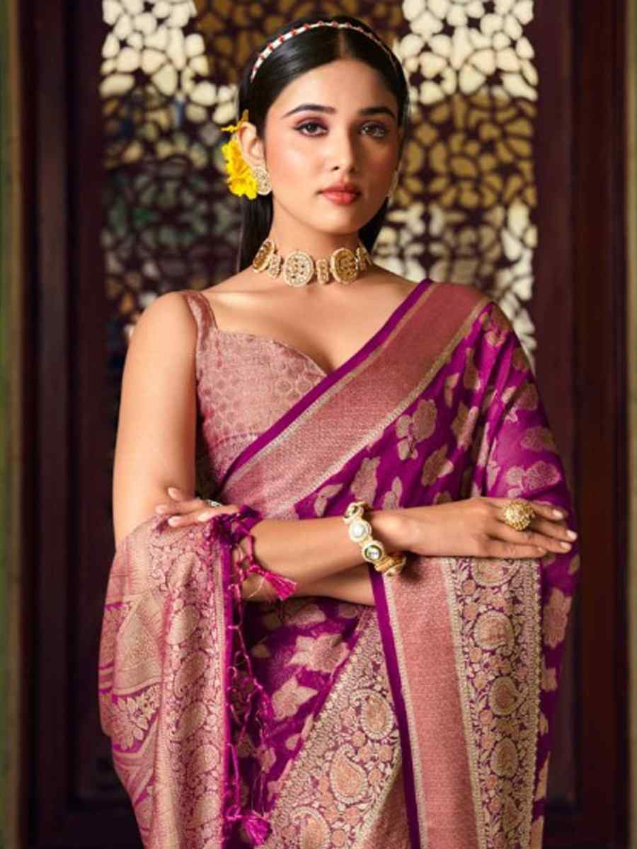 Purple Georgette Handwoven Festival Wedding Fancy Heavy Border Saree