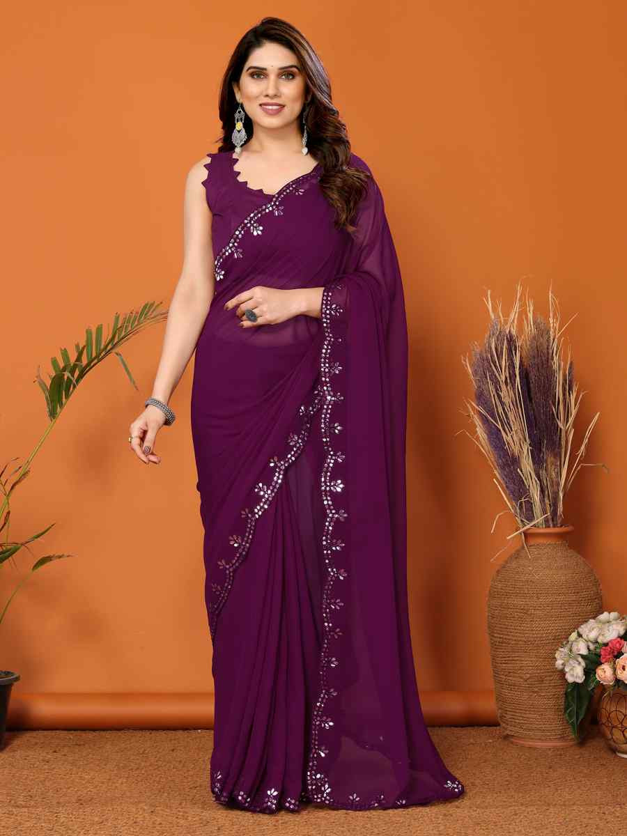 Purple Georgette Handwoven Festival Wedding Heavy Border Saree