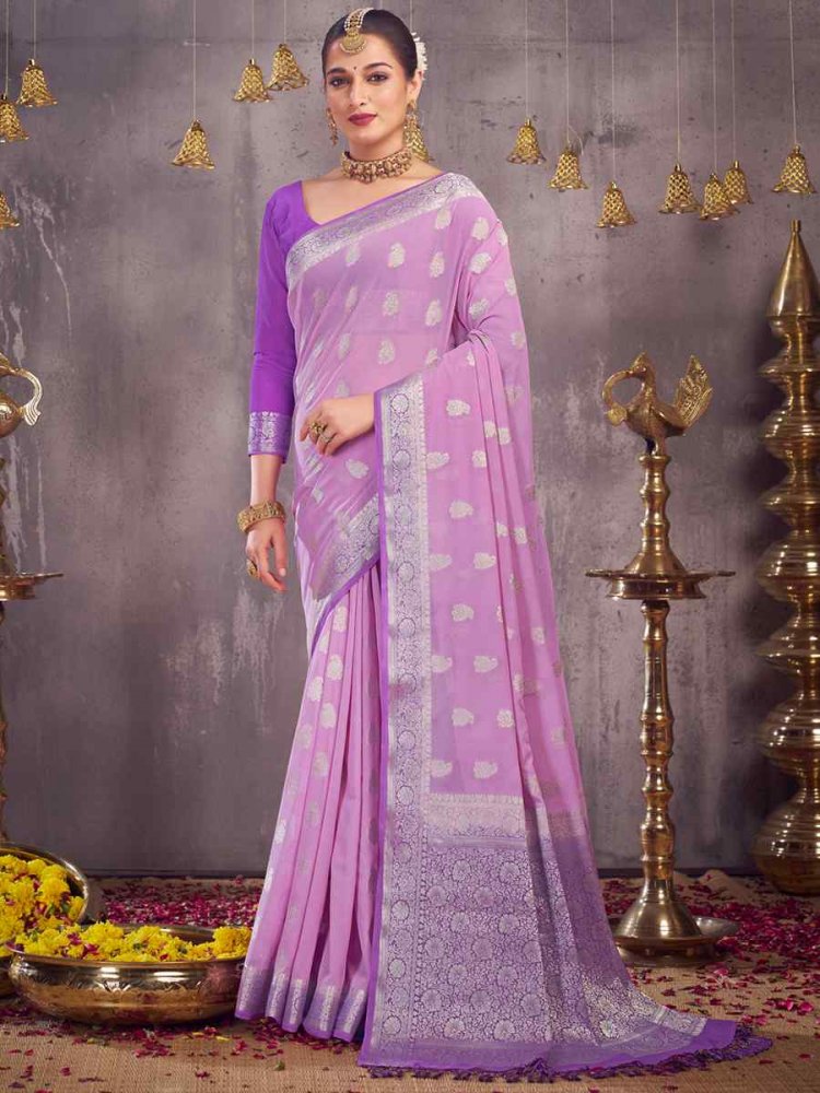 Purple Georgette Handwoven Wedding Festival Heavy Border Saree