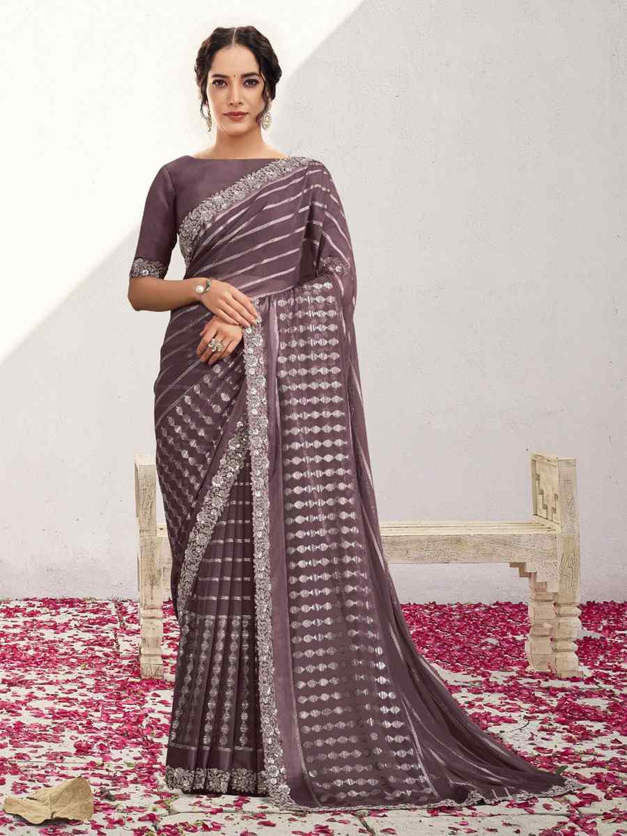 Purple Georgette Kasab Embroidery Festival Wedding Fancy Classic Heavy Border Saree