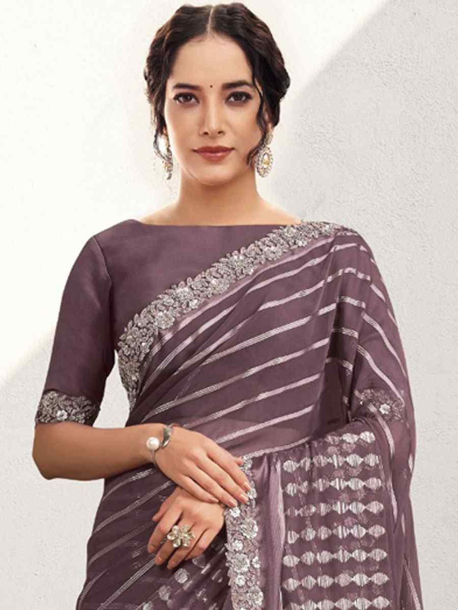 Purple Georgette Kasab Embroidery Festival Wedding Fancy Classic Heavy Border Saree
