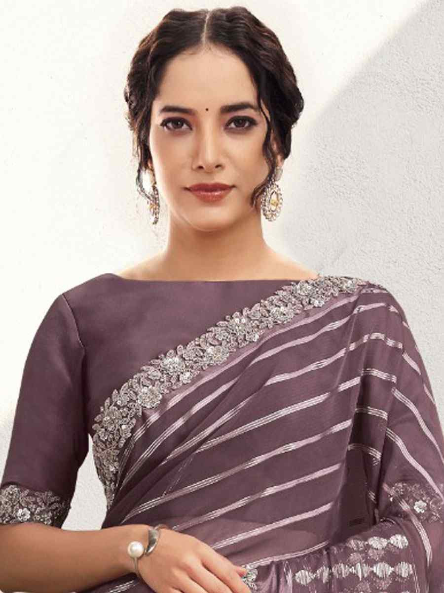 Purple Georgette Kasab Embroidery Festival Wedding Fancy Classic Heavy Border Saree