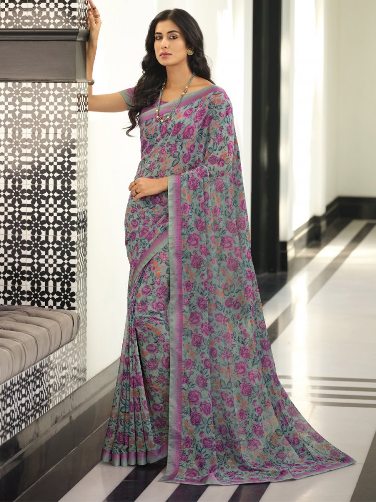 Purple Georgette Printed Casual Festival Contemporary Saree