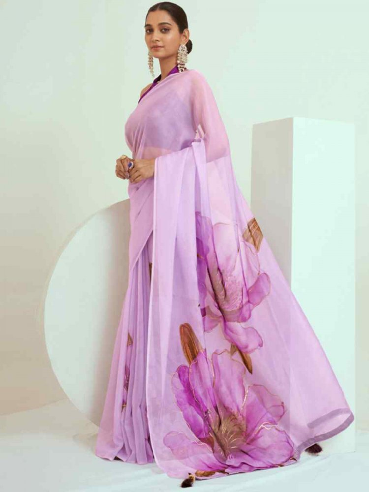 Purple Georgette Printed Casual Festival Contemporary Saree