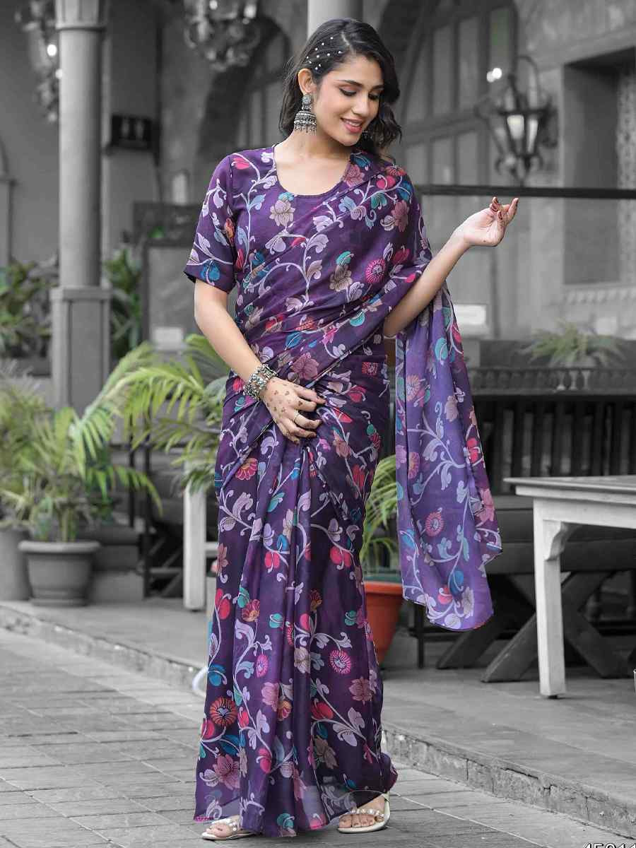 Purple Georgette Printed Festival Wedding Fancy Saree