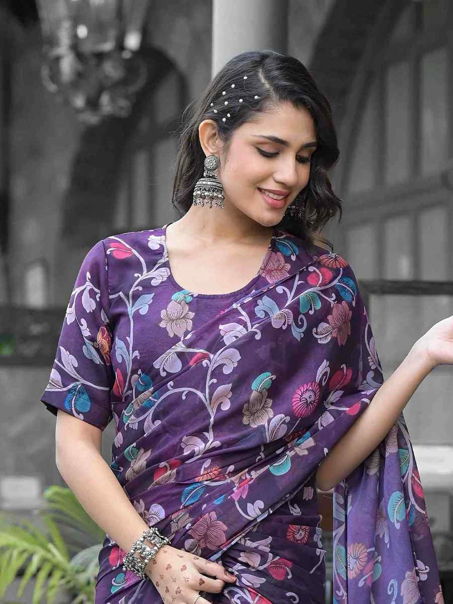 Purple Georgette Printed Festival Wedding Fancy Saree