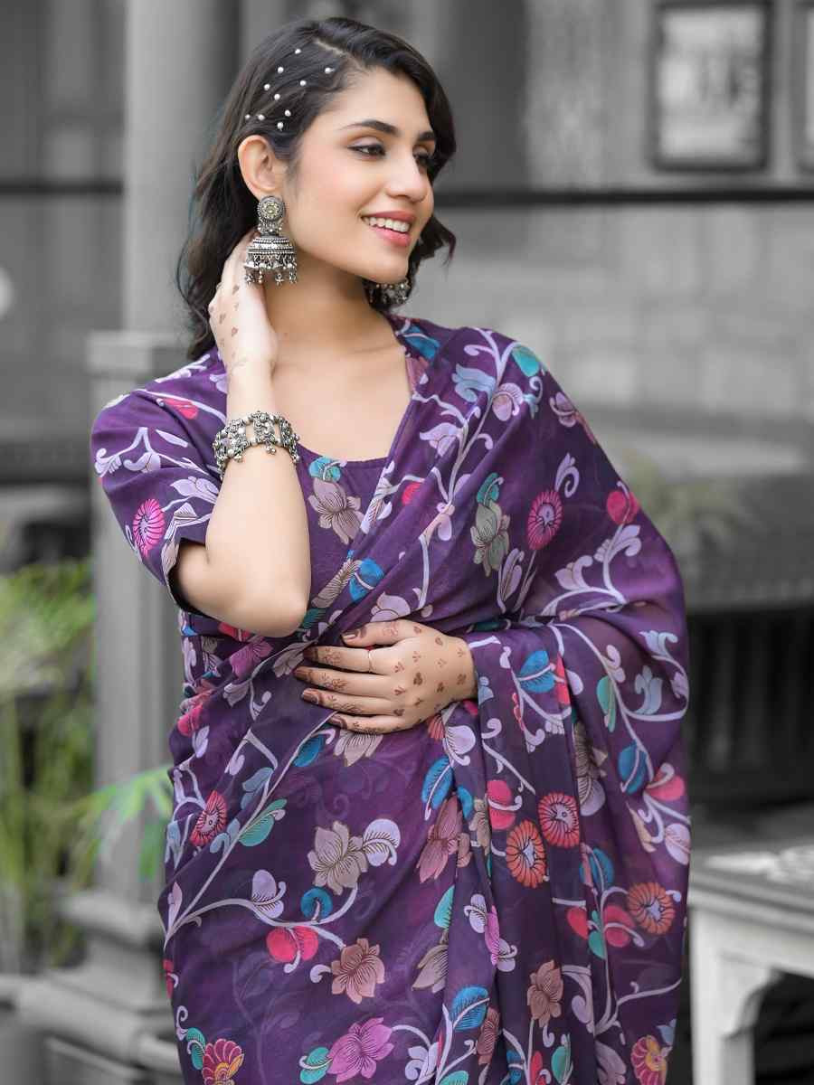 Purple Georgette Printed Festival Wedding Fancy Saree