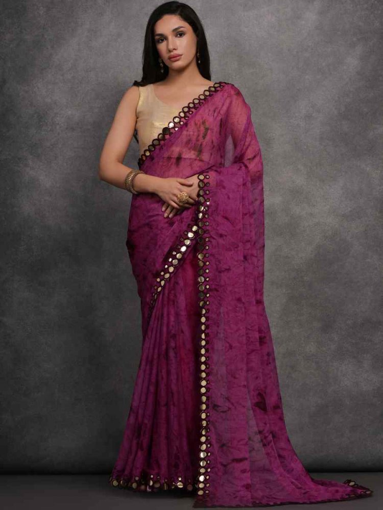 Purple Georgette Printed Party Casual Classic Style Saree