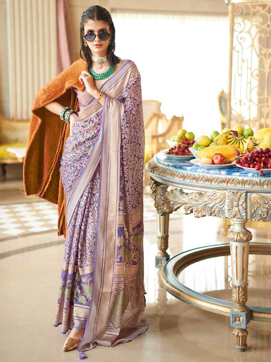Purple Georgette Printed Party Reception Festival Wedding Fancy Classic Style Sarees