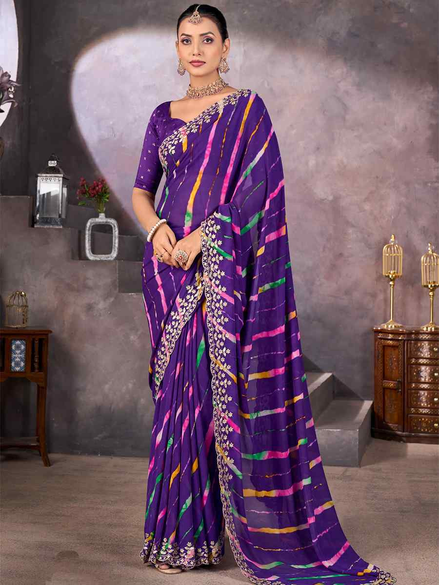 Purple Georgette Printed with Embroidered Festival Wedding Fancy Heavy Border Saree