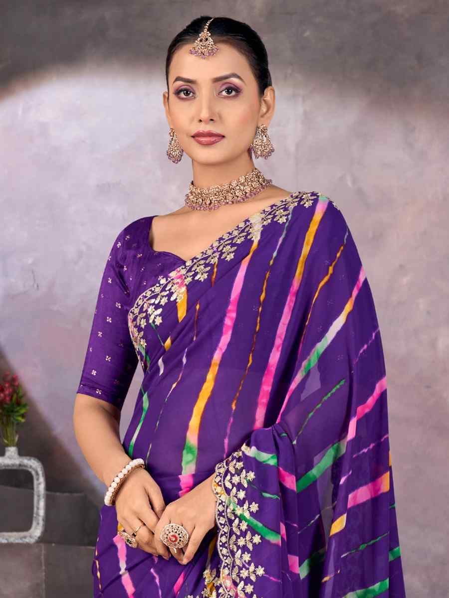 Purple Georgette Printed with Embroidered Festival Wedding Fancy Heavy Border Saree