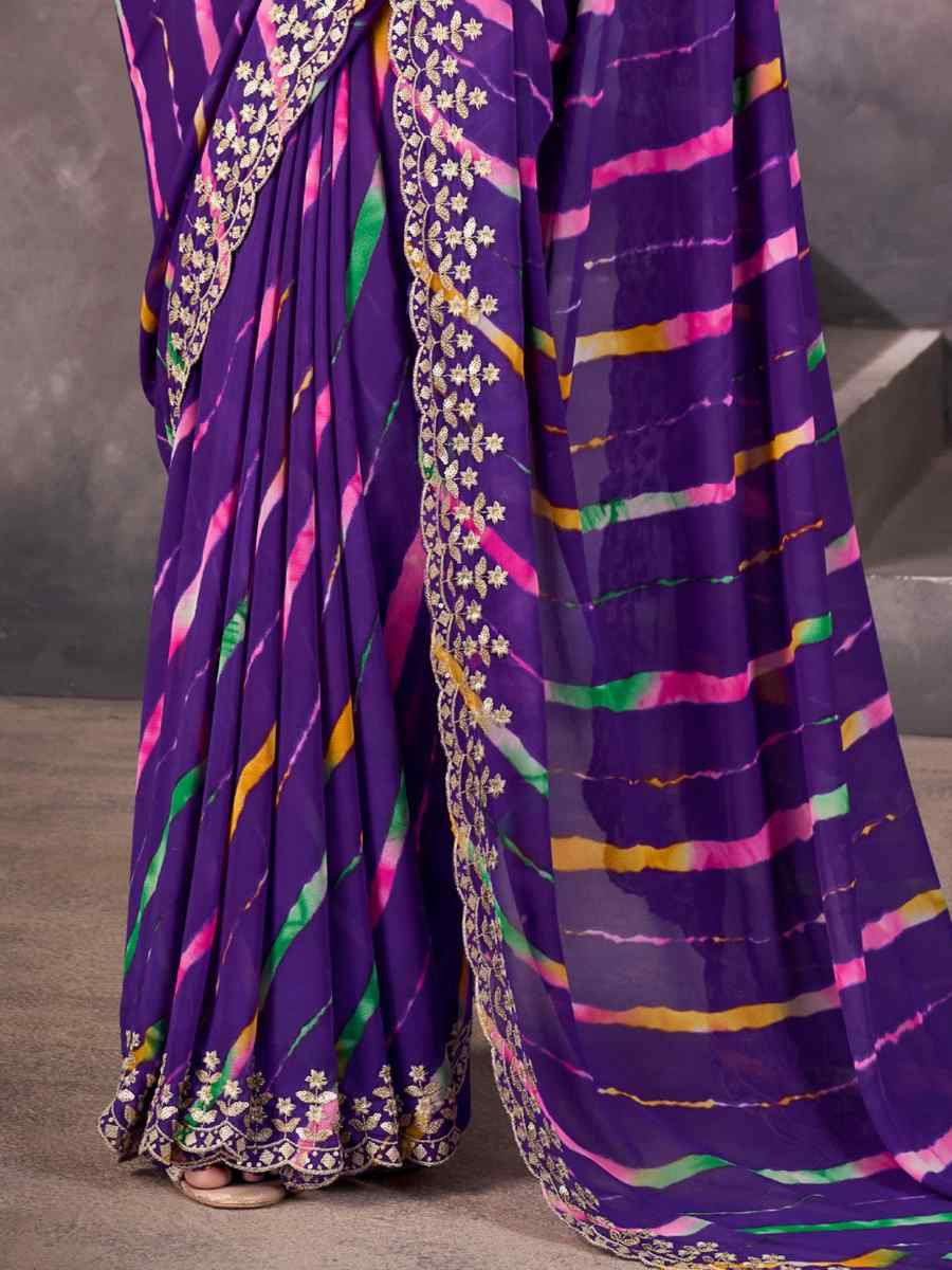 Purple Georgette Printed with Embroidered Festival Wedding Fancy Heavy Border Saree