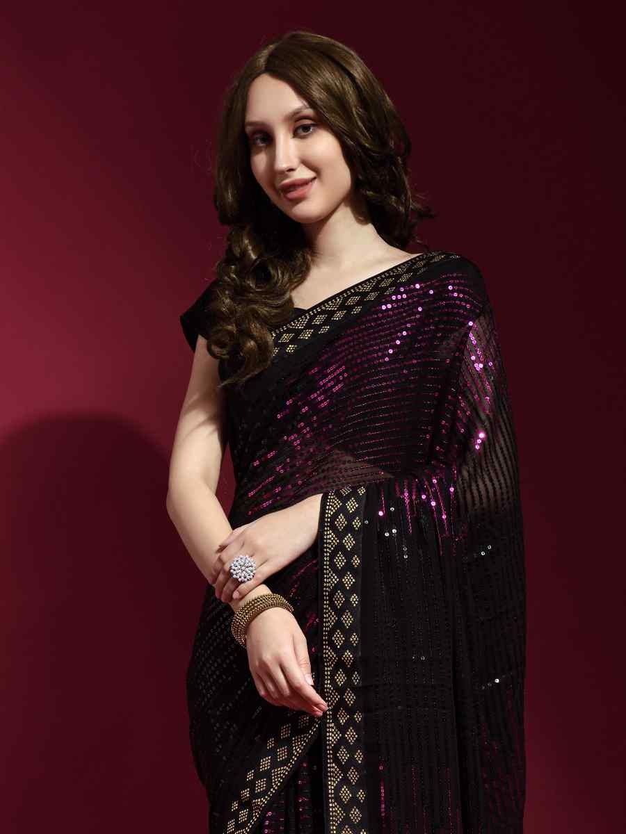 Purple Georgette Sequins Party Cocktail Classic Style Saree